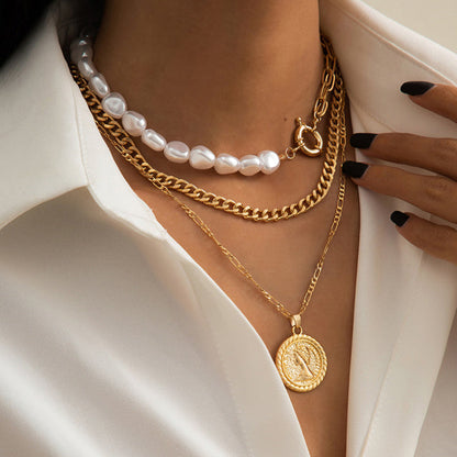 Goth Baroque Pearl Coin Portrait Pendant Necklace for Women Vintage Multi Layer Link Chain Necklace Punk Aesthetic Jewelry 2025
